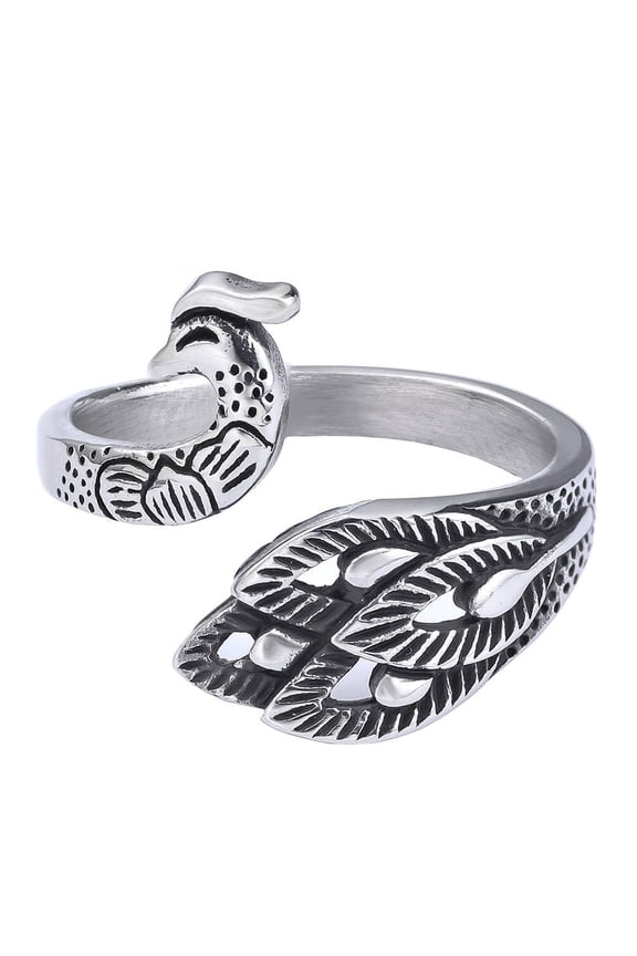 Unisex Stainless Steel Vintage Personality Unique Mysterious Phoenix Totem Animal Peacock Special Feather Open Biker Ring Silver Size 9