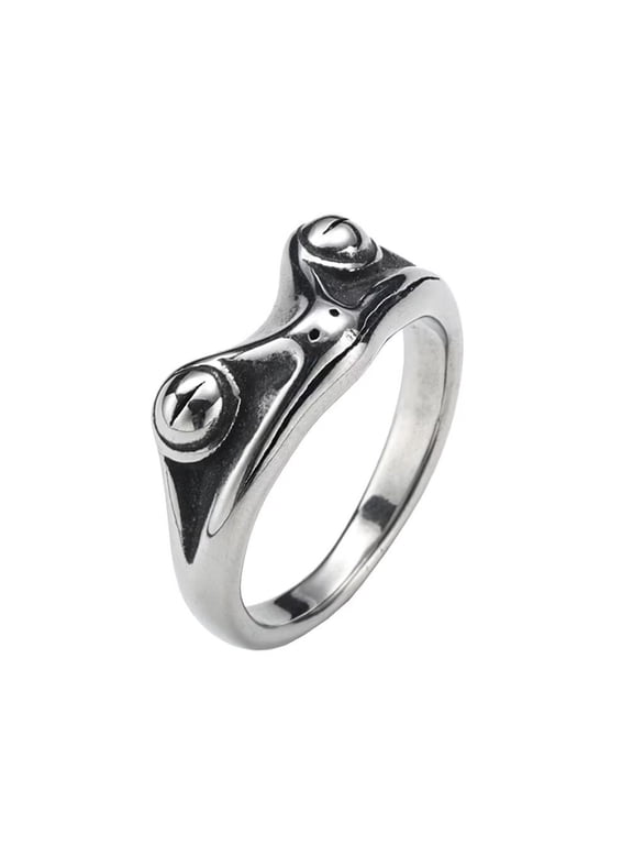 Unisex Stainless Steel Vintage Personalized Cute Lifelike Animal Frog Finger Ring Beneficial Insects Non-mainstream Silver Size 9