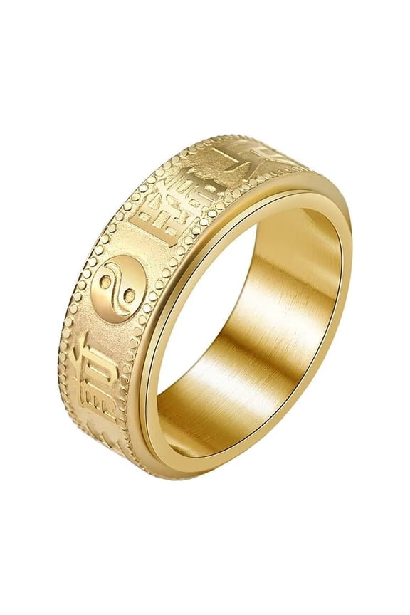 Unisex Stainless Steel Vintage Punk 9 Words Mantra Rotatable Fidget Ring Yin Yang Gossip Balance Amulet Relieve Anxiety Band Gold Size 9