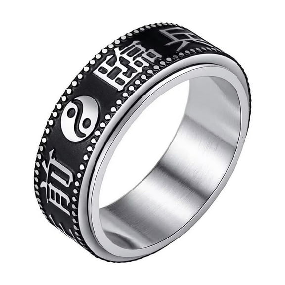 PAMTIER Unisex Stainless Steel Vintage Punk 9 Words Mantra Rotatable Fidget Ring Yin Yang Gossip Balance Amulet Relieve Anxiety Band Silver Size 7