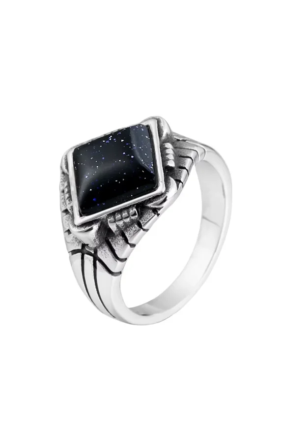 Unisex Stainless Steel Vintage Punk Geometry Square Cut Synthetic Turquoise Inlay Gemstone Bike Ring Wedding Band Blue Sandstone Size 10