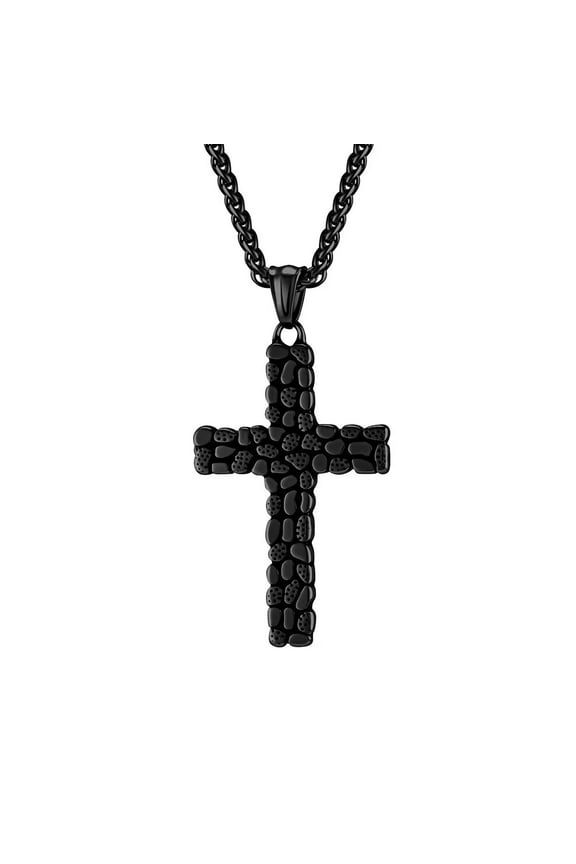 Unisex Stainless Steel Vintage Punk Hip Hop Pebbles Stone Lines Cross Pendant Amulet Crucifix Necklace Christian Jewelry Black 23.6" Chain