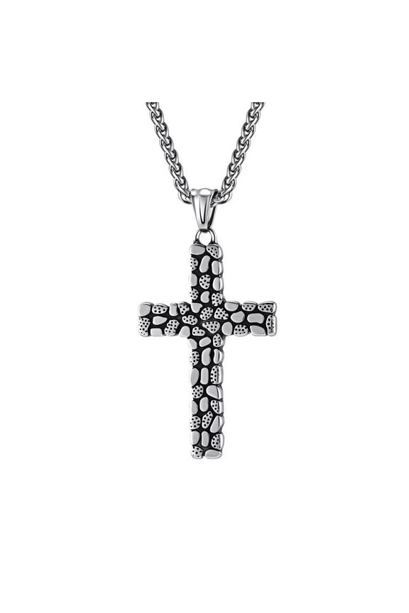 Unisex Stainless Steel Vintage Punk Hip Hop Pebbles Stone Lines Cross Pendant Amulet Crucifix Necklace Christian Jewelry Silver 23.6" Chain