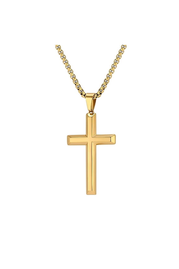 Unisex Stainless Steel Vintage Punk Hip Hop Solid Glossy Inclined Plane Cross Biker Pendant Amulet Crucifix Necklace Gold Free Chain