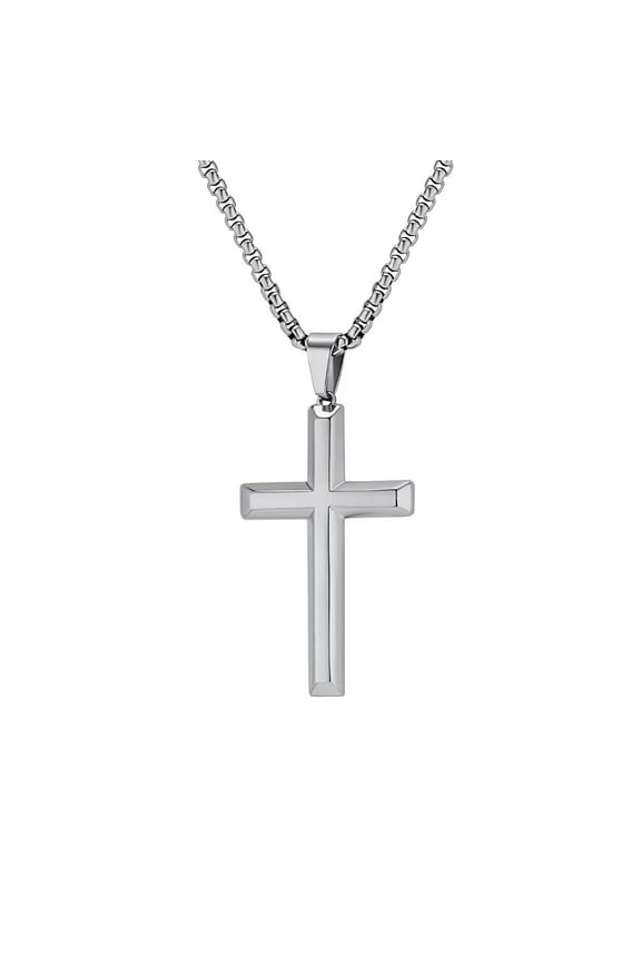 Unisex Stainless Steel Vintage Punk Hip Hop Solid Glossy Inclined Plane Cross Biker Pendant Amulet Crucifix Necklace Silver Free Chain