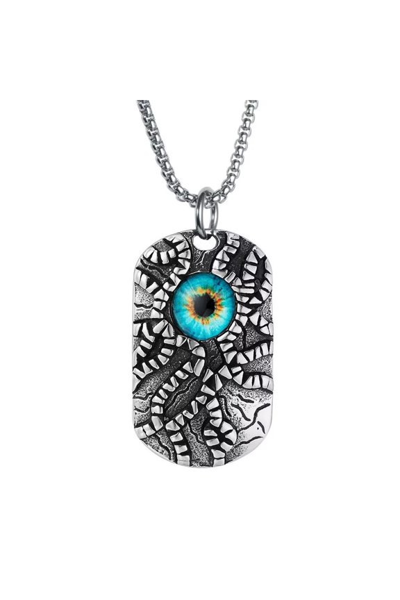 Unisex Stainless Steel Vintage Punk Non-mainstream Crackle Demon Devil's Eye Square Pendant Necklace, with Blue Gemstone No Chain