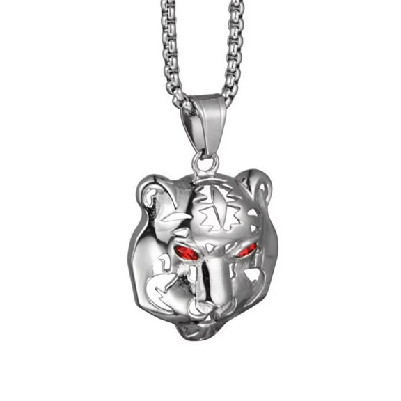 PAMTIER Unisex Stainless Steel Vintage Punk Rock Animal Tiger Head with Devil Bloody Red Eyes Knight Pendant Hip Hop Necklace Silver with Chain
