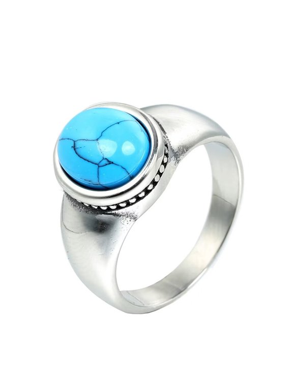 Unisex Stainless Steel Vintage Simple Domed Oval Cut Simulated Turquoise Gemstone Biker Ring Gothic Punk Statement Band Silver Size 8