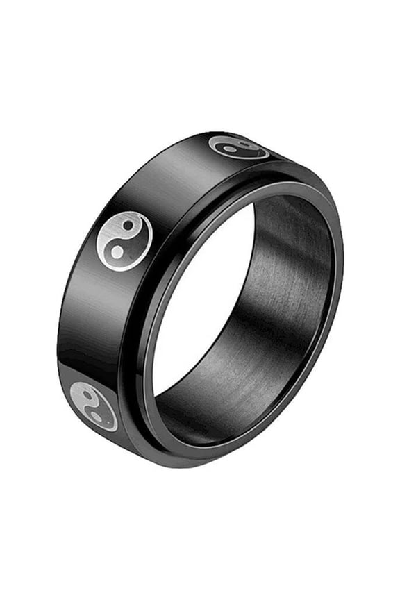 Unisex Stainless Steel Vintage Simple Matte Finished Brushed Taoism Tai Chi Yin Yang Fish Gossipy Rotatable Ring Anxiety Band Black Size 7
