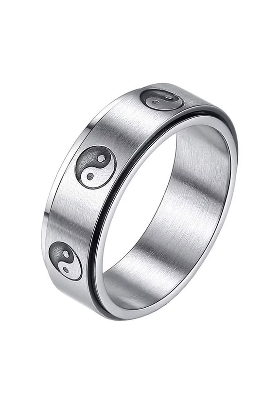 Unisex Stainless Steel Vintage Simple Matte Finished Brushed Taoism Tai Chi Yin Yang Fish Gossipy Rotatable Ring Anxiety Band Silver Size 10