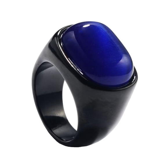 PAMTIER Unisex Stainless Steel Vintage Simple Oval Cut Blue Agate Gemstone Signet Ring Rhinestones Promise Wedding Band High Polished Black Size 11