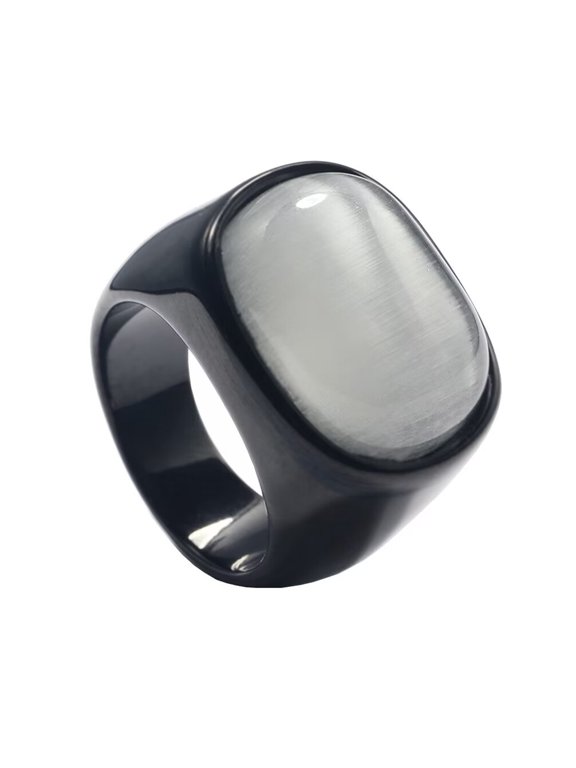 Unisex Stainless Steel Vintage Simple Oval Cut White Agate Gemstone Signet Ring Rhinestones Promise Wedding Band High Polished Black Size 12