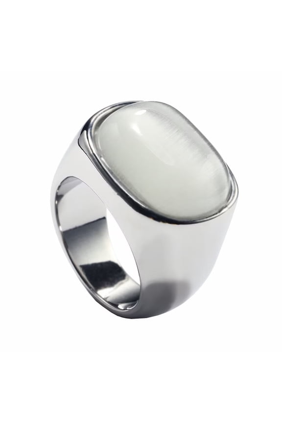 Unisex Stainless Steel Vintage Simple Oval Cut White Agate Gemstone Signet Ring Rhinestones Promise Wedding Band High Polished Silver Size 7