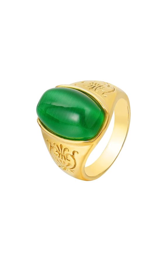 Unisex Stainless Steel Vintage Simple Oval Green Agate Gemstone Flower Pattern Carved Signet Ring Princess Cut Promise Wedding Band Size 11
