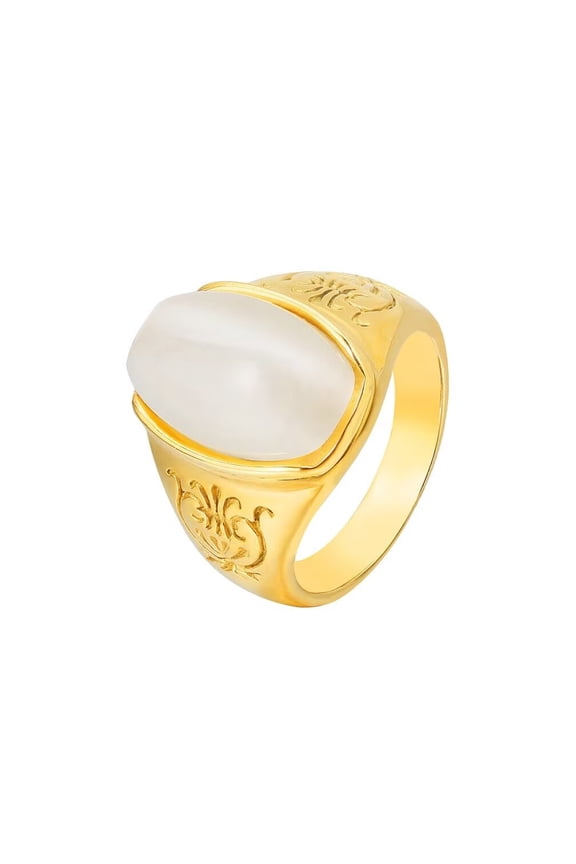 Unisex Stainless Steel Vintage Simple Oval White Agate Gemstone Flower Pattern Carved Signet Ring Princess Cut Promise Wedding Band Size 12