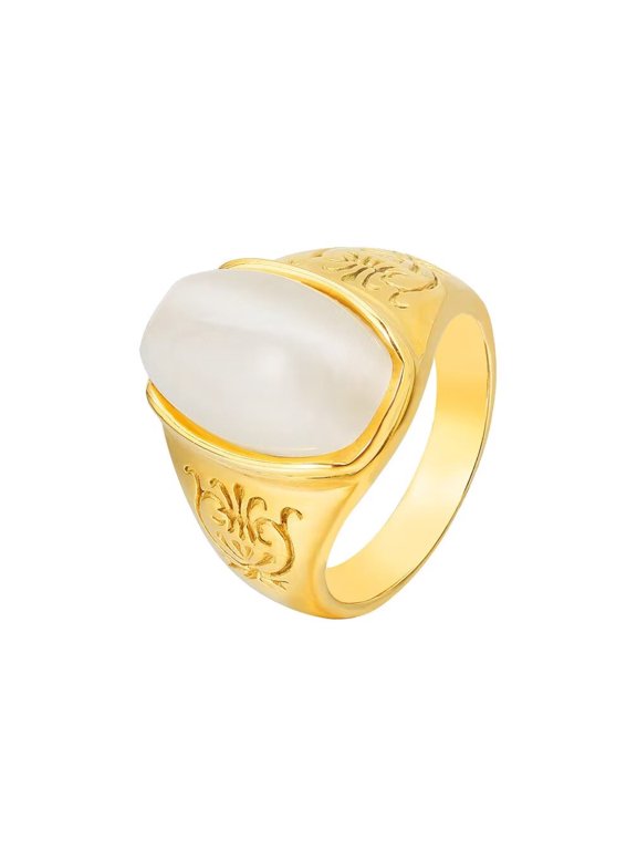 Unisex Stainless Steel Vintage Simple Oval White Agate Gemstone Flower Pattern Carved Signet Ring Princess Cut Promise Wedding Band Size 9