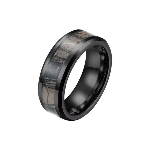 PAMTIER Unisex Tungsten Steel 8MM Creative Hunting Camouflage Pattern Inlay Ring Beveled Edges Comfort Fit Statement Wedding Band Black Size 10