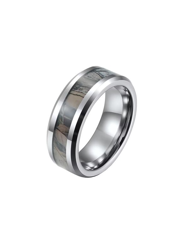Unisex Tungsten Steel 8MM Creative Hunting Camouflage Pattern Inlay Ring Beveled Edges Comfort Fit Statement Wedding Band Silver Size 9