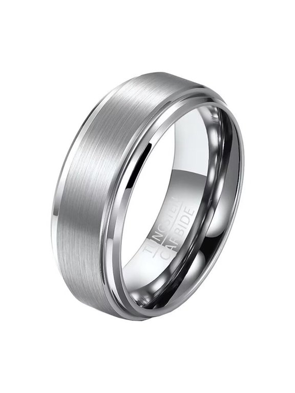 Unisex Tungsten Steel 8mm Silver Classic Simple Plain Domed Carbon Fiber Brushed Finish Matte Wedding Ring Statement Comfort Fit Size 10