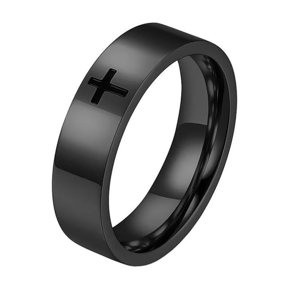 PAMTIER Unsiex Stainless Steel Simple 6mm Christ Lord Prayer Cross Religious Signet Ring Promise Couples Wedding Band Comfort Fit Black Size 11