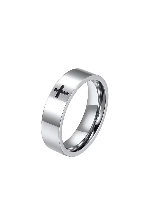 Unsiex Stainless Steel Simple 6mm Christ Lord Prayer Cross Religious Signet Ring Promise Couples Wedding Band Comfort Fit Silver Size 12