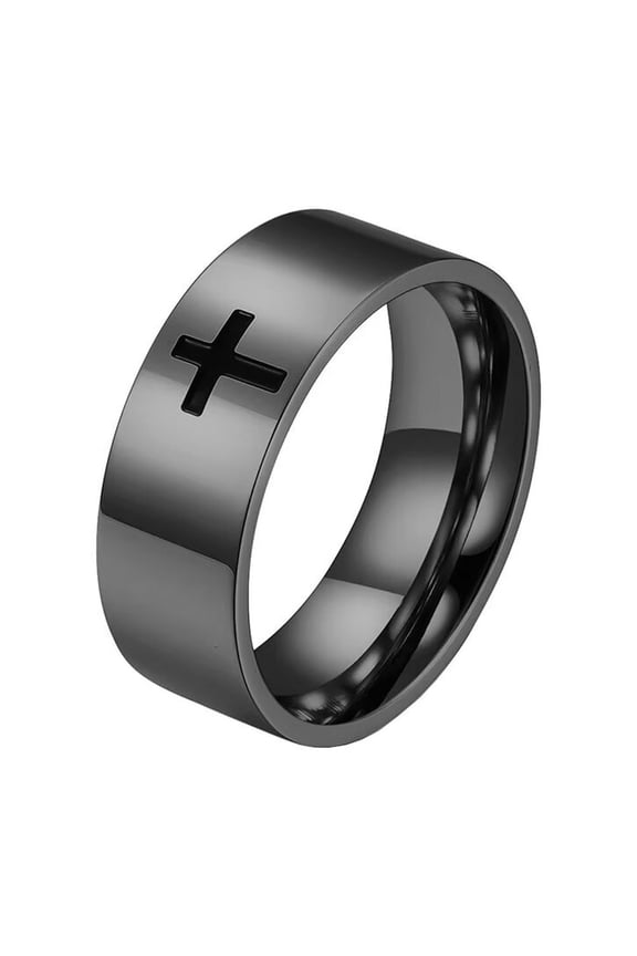 Unsiex Stainless Steel Simple 8mm Christ Lord Prayer Cross Religious Signet Ring Promise Couples Wedding Band Comfort Fit Black Size 8