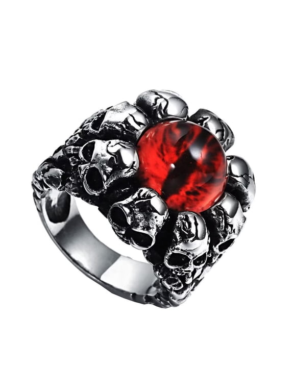 Vintage Gothic Biker Bloody Red Devil Eyes Skull Ring for Men Stainless Steel with Gemstone Silver Black Tone Demon Ghost Size 12