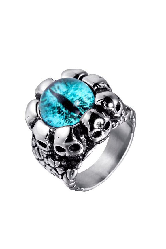 Vintage Gothic Biker Demon Ghost Blue Devil Eyes Skull Ring for Men Stainless Steel with Blue Stone Silver Black Tone Size 11