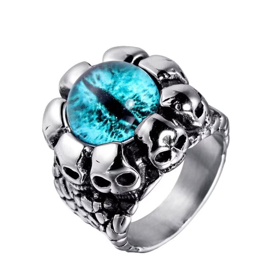 PAMTIER Vintage Gothic Biker Demon Ghost Blue Devil Eyes Skull Ring for Men Stainless Steel with Blue Stone Silver Black Tone Size 8