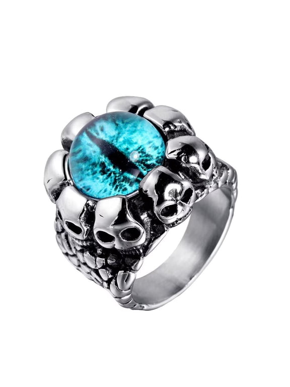 Vintage Gothic Biker Demon Ghost Blue Devil Eyes Skull Ring for Men Stainless Steel with Blue Stone Silver Black Tone Size 8