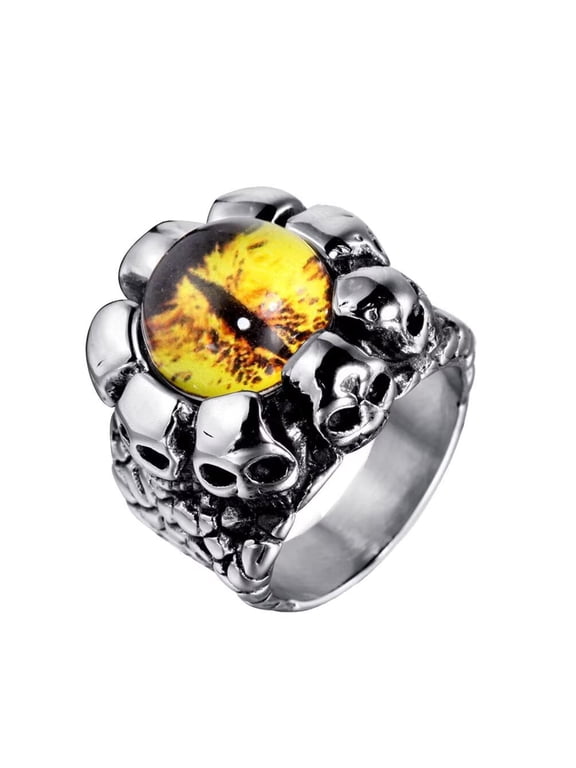 Vintage Gothic Devil Yellow Leopard Ghost Eyes Skull Ring for Men Stainless Steel Demon with Yellow Stone Silver Black Tone Size 13