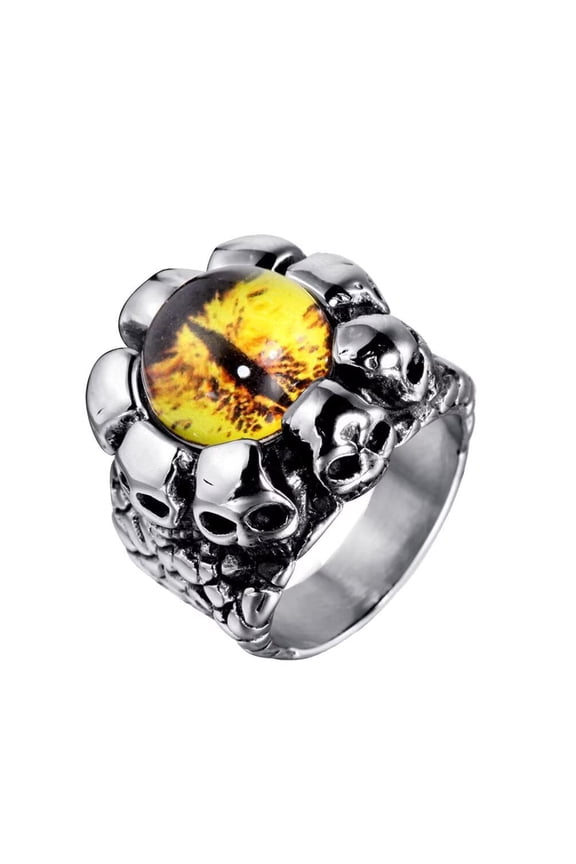 Vintage Gothic Devil Yellow Leopard Ghost Eyes Skull Ring for Men Stainless Steel Demon with Yellow Stone Silver Black Tone Size 13