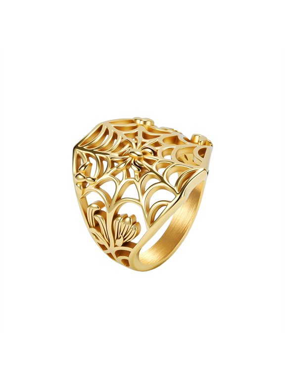Vintage Hollow-Out Spider Web Ring for Men Stainless Steel Wide Band Floral Gothic Hip Hop Punk Bold Statement Jewelry