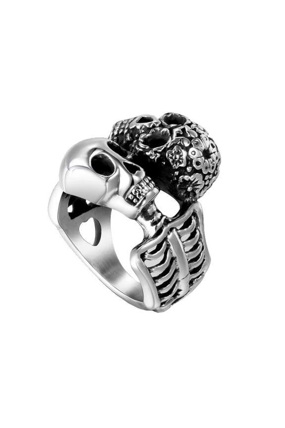 Vintage Men's Stainless Steel Cool Double Skull Head Punk Biker Ring Demon Devil Skeleton Body Silver Size 14