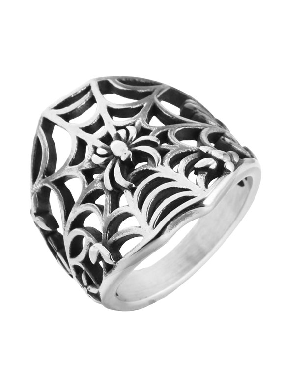 Vintage Openwork Spider Web Signet Ring for Men Gothic Punk Wide Band Antique Statement Biker Jewelry Stainless Steel Silver Plated Size 10