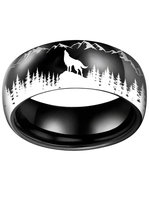 Wolf Howling Engraved Ring for Men Stainless Steel Nature Landscape Band Mountain Forest Silhouette Ring Outdoor Adventure Jewelry Black Size 12