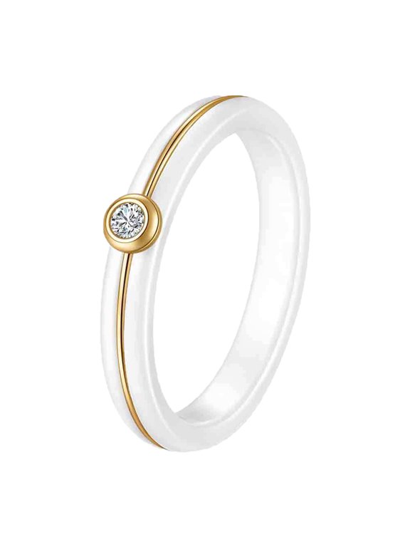 Women 4mm White Ceramic Simple Stackable Ring Single CZ Stone Inlay Minimalist Plain Wedding Band Gold Plated Size 10