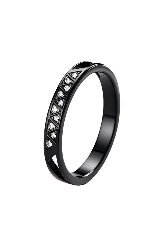 Women Geometric Triangle Engraved Half Hoop CZ Ring Minimalist Dainty 4mm Stackable Thin Band Engagement Party Eternity Jewelry Stainless Steel Black Size 9