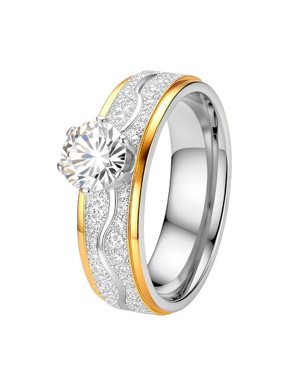 Women Gold Silver Plated Two Tone CZ Pave Gemstone Wedding Ring Stainless Steel Wave Pattern Band Classic Minimalist Engagement Promise Jewelry Size 10