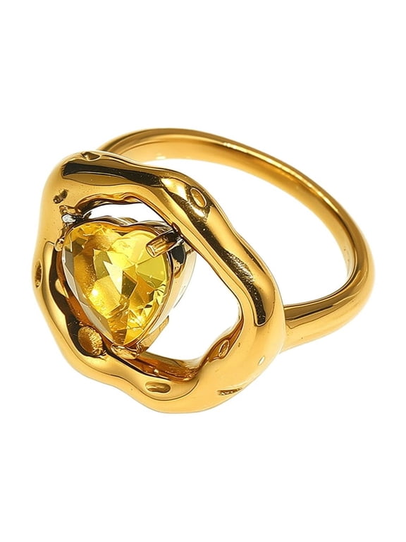 Women Irregular Wave Hollow Heart Gemstone Ring Abstract Art Statement Band Cocktail Party Daily Jewelry Stainless Steel Gold Plated Yellow Size 6