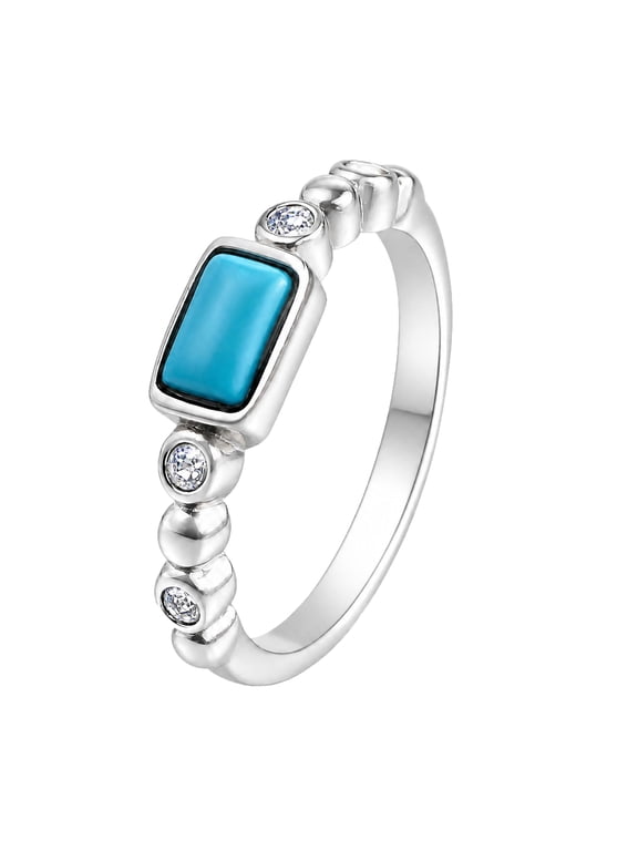 Women Rectangle Turquoise Beaded Thin Ring Vintage Dainty CZ Accent Band Boho Western Vacation Jewelry Stainless Steel Silver Plated Size 6