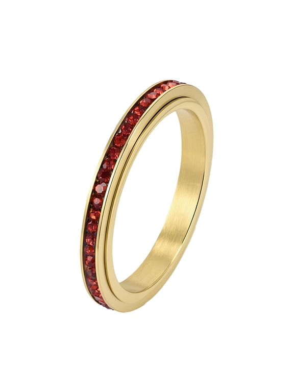 Women Single Row Pavé CZ Spinner Eternity Ring Dainty Minimalist Stackable 3mm Thin Band Daily Date Party Statement Jewelry Stainless Steel Gold Plated Red Size 9
