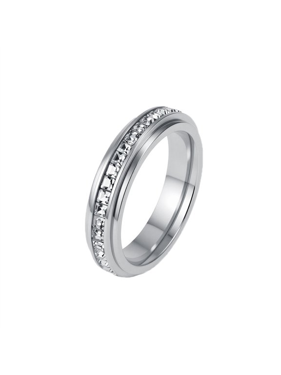 Women Spinning Band Ring Full Paved Square CZ Minimalist Classic Stackable Thin Band Wedding Promise Statement Jewelry Stainless Steel Silver Plated Size 6