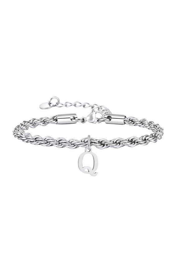 Women Stainless Steel Cool Unique Dainty Elegant Initial A-Z 26 Alphabet Script Name Monogram Twist Chain Adjustable Cuff Bracelet Silver Q
