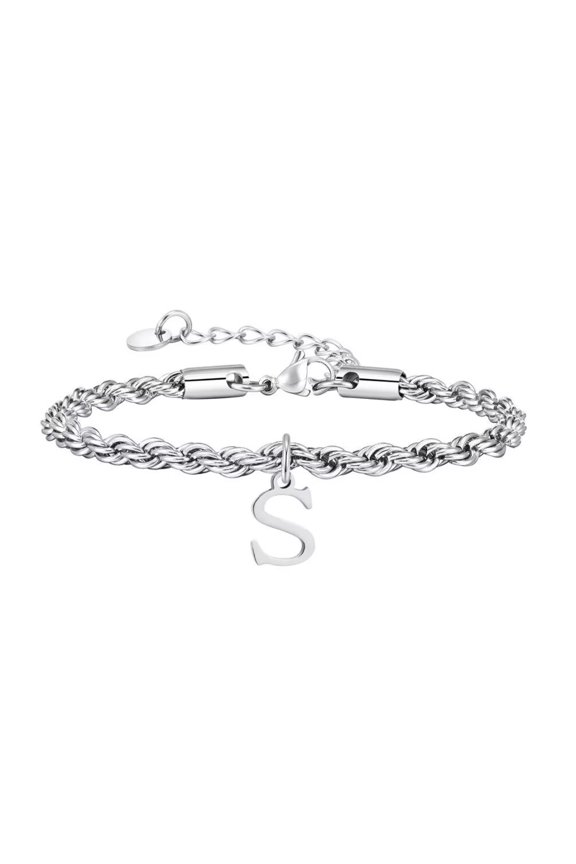 Women Stainless Steel Cool Unique Dainty Elegant Initial A-Z 26 Alphabet Script Name Monogram Twist Chain Adjustable Cuff Bracelet Silver S