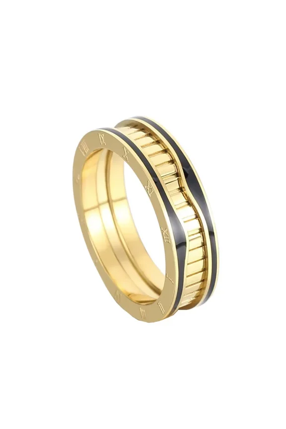 Women Stainless Steel Personality Creative Hip Hop 6mm Piano Musical Roman Numerals Ring Promise Wedding Band Gold Size 9