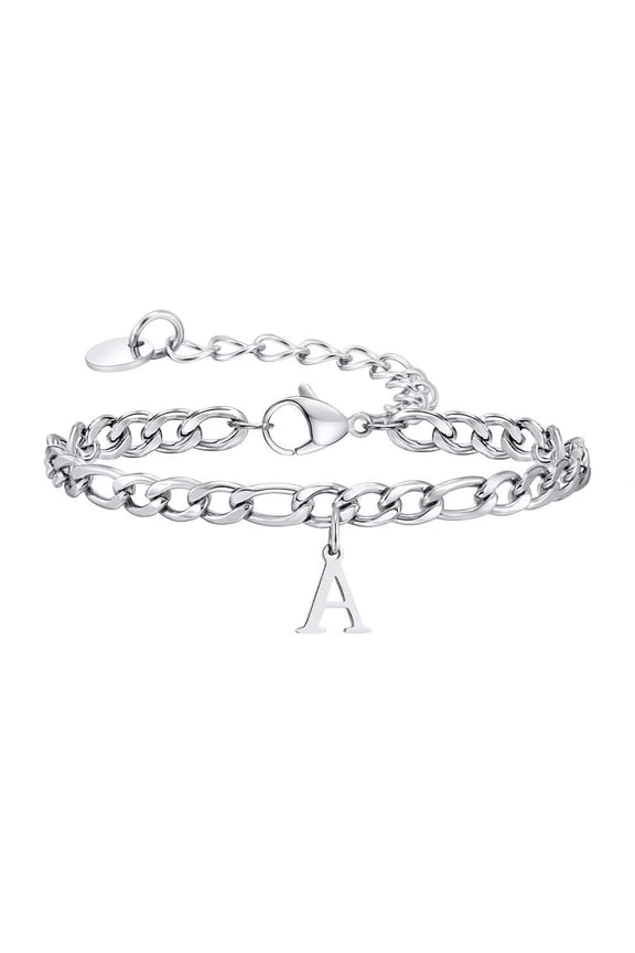 Women Stainless Steel Personalized Hip Hop Cool Initial A-Z 26 Letters Script Name Monogram Flat Necklace Adjustable Cuff Bracelet Silver A