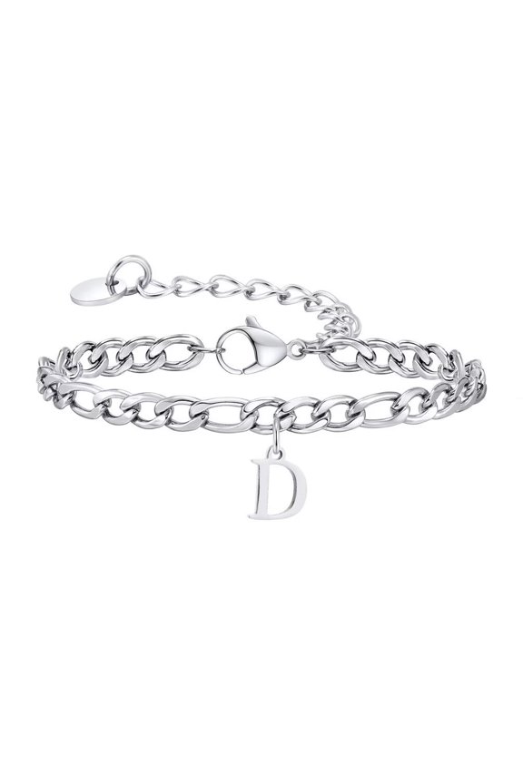 Women Stainless Steel Personalized Hip Hop Cool Initial A-Z 26 Letters Script Name Monogram Flat Necklace Adjustable Cuff Bracelet Silver D