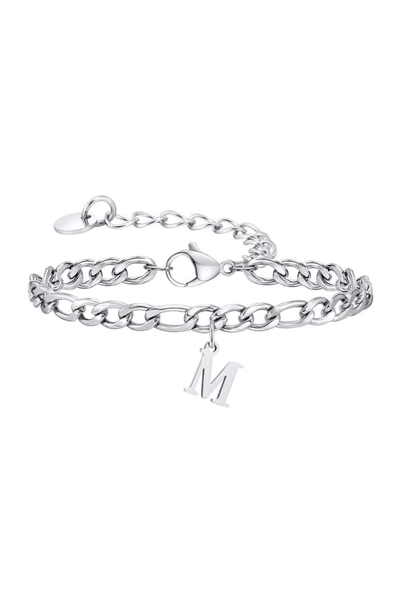 Women Stainless Steel Personalized Hip Hop Cool Initial A-Z 26 Letters Script Name Monogram Flat Necklace Adjustable Cuff Bracelet Silver M