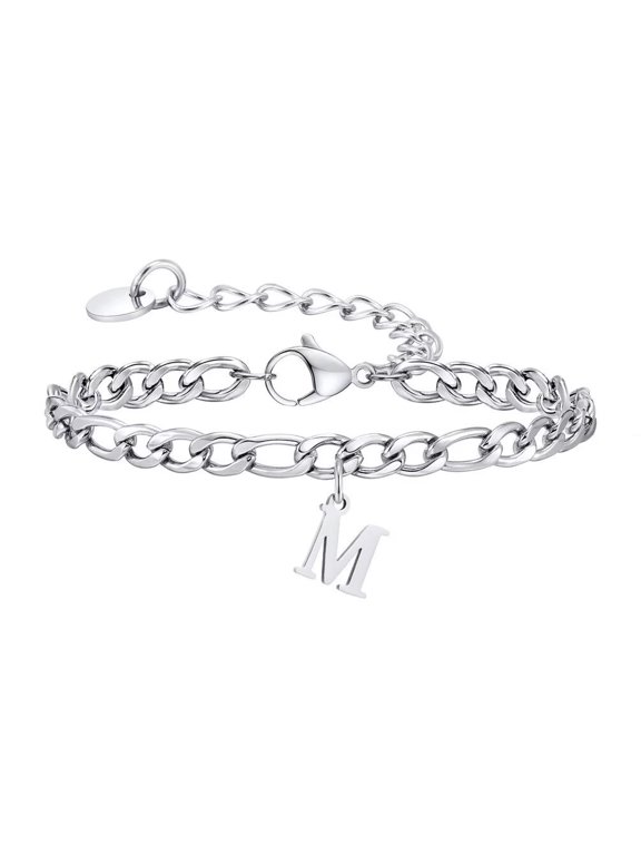 Women Stainless Steel Personalized Hip Hop Cool Initial A-Z 26 Letters Script Name Monogram Flat Necklace Adjustable Cuff Bracelet Silver M